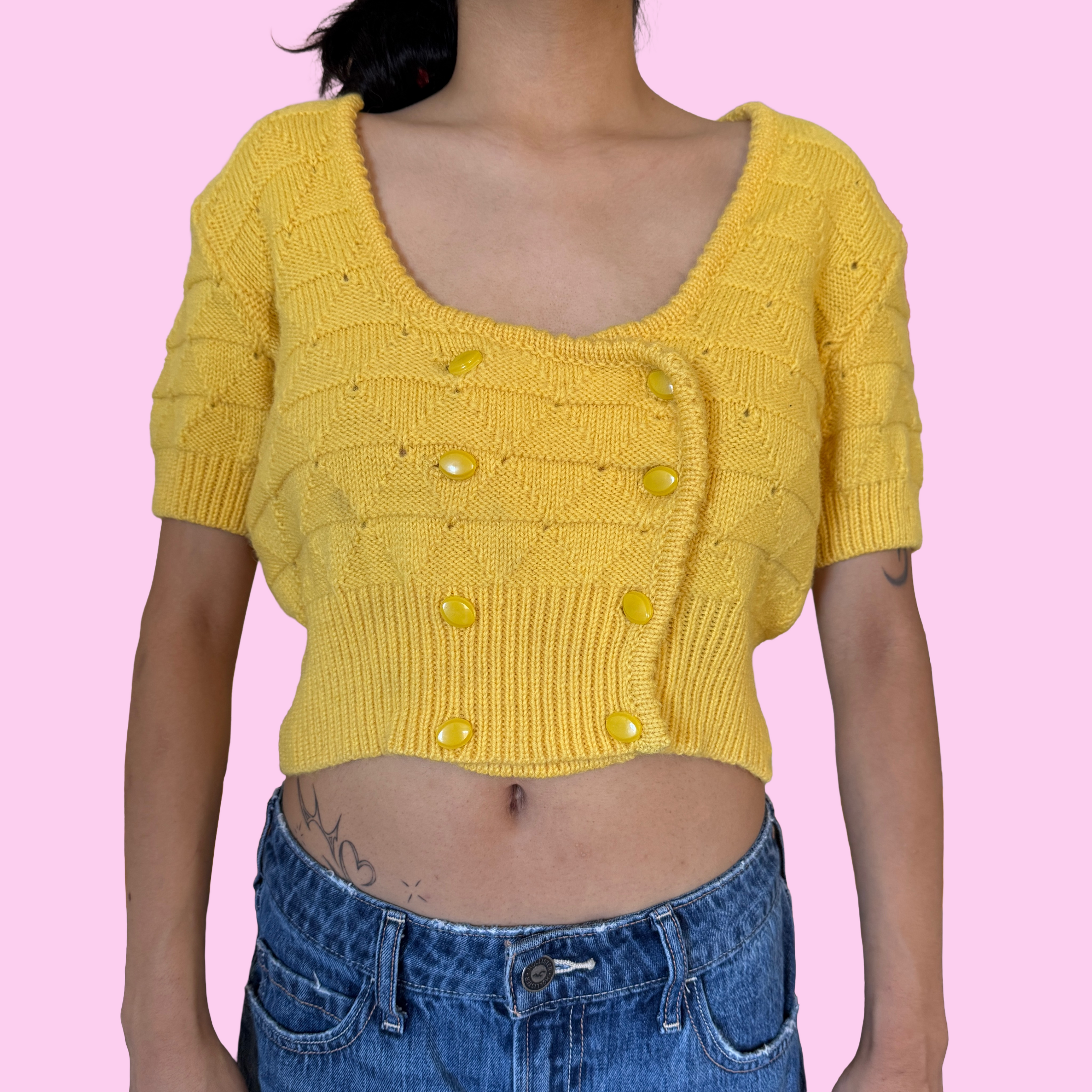 Thick knit cropped short sleeve sweater