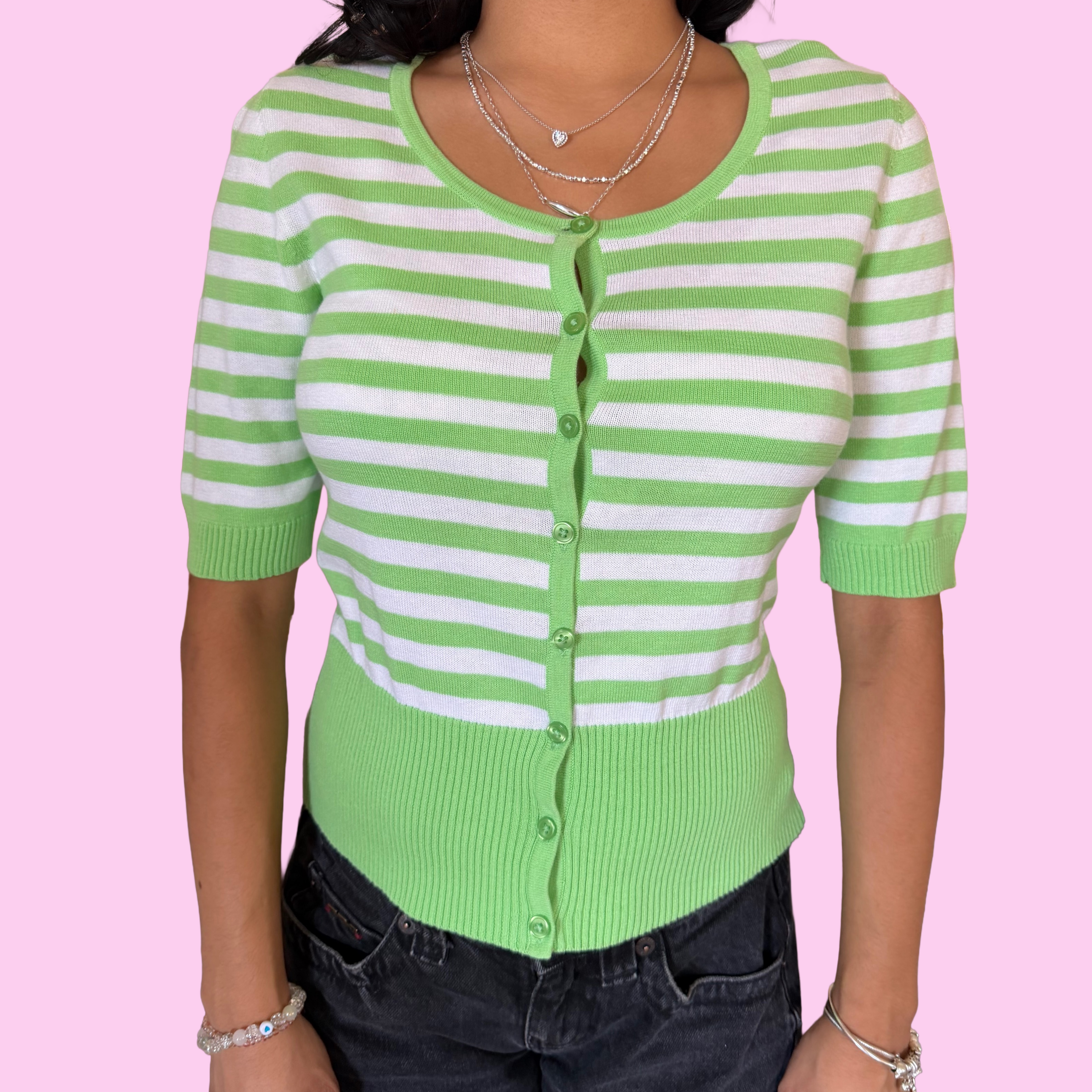 Green striped cardigan
